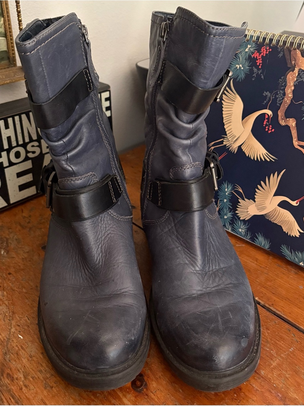 Earth Navy and Black Leather Moto Boots with Buckle Straps - Picture 2 of 5